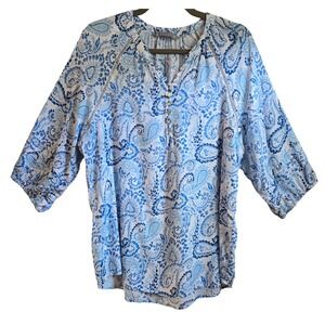 Katies Women's 14 Boho Blue White Floral Paisley Viscose Linen Blouse Lace Trim